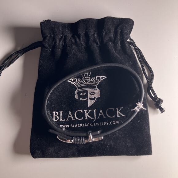 Blackjack Jewelry Mens Black Leather Stainless Steel Anchor Bracelet w Pouch - Picture 2 of 8